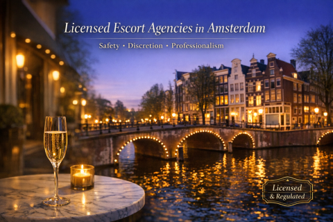 Elegant evening view of Amsterdam canal houses and illuminated bridge at dusk, with a champagne glass in the foreground and the text “Licensed Escort Agencies in Amsterdam – Safety, Discretion, Professionalism. 