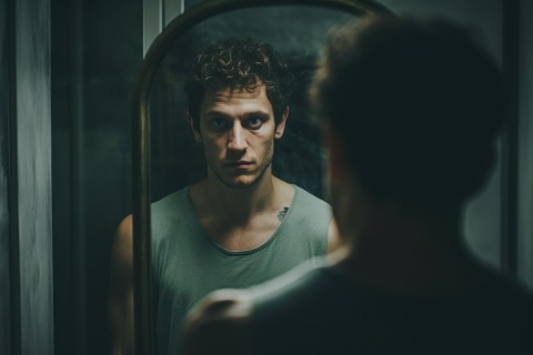 Man with psychopathy traits looking in mirror
