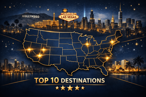 USA map with highlighted top cities and luxury skyline design in dark blue and gold