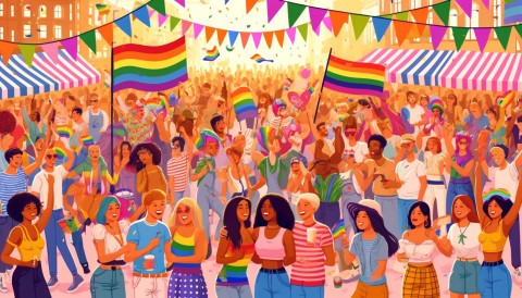 LGBTQ activists marching with rainbow flags.