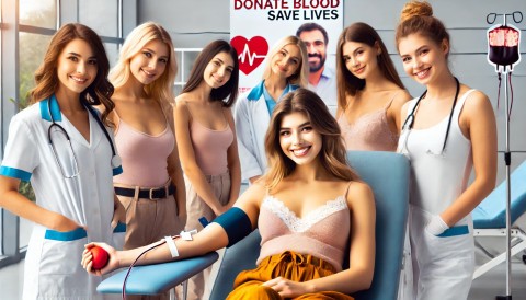 Escort girl donating blood at clinic