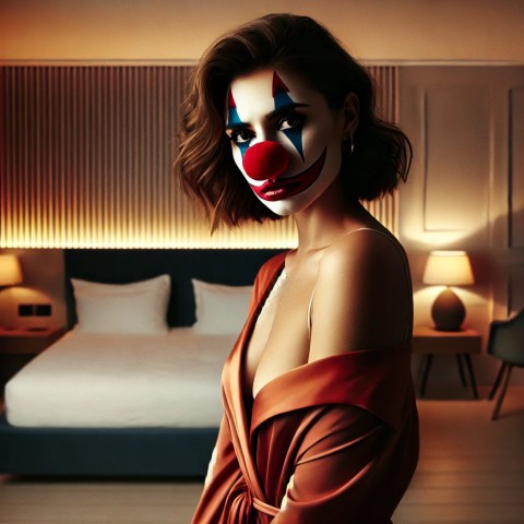 Clown makeup with exaggerated features.