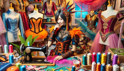 Cosplayer in detailed costume with accessories.