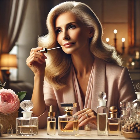 Applying signature fragrance for impression.