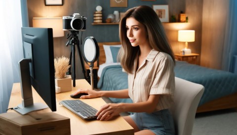 Webcam model setting up camera equipment