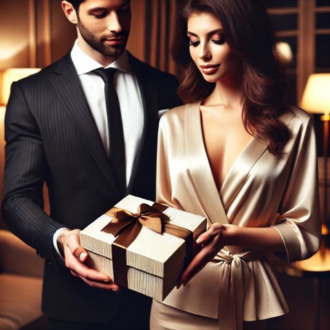 A client handing a thoughtful gift to an escort.