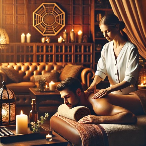 Hands massaging a body with warm oil.