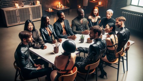 Kink community members socializing at a munch event.