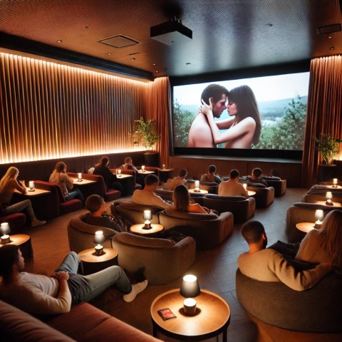 Erotic cinema screen with sensual film.