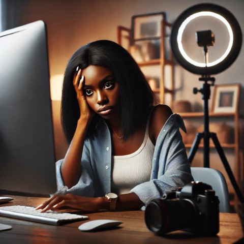 OnlyFans creator stressed from online work.