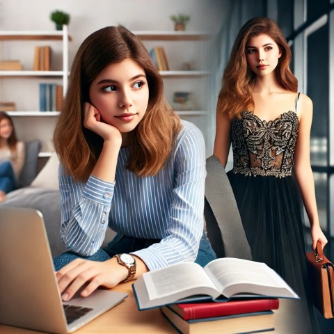 College escort studying in library.