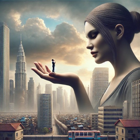 A giantess towering over a tiny person.