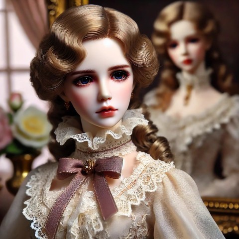 Person in doll-like makeup and attire.