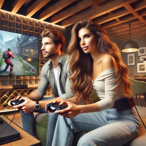 Man and woman gaming together, hobby escort