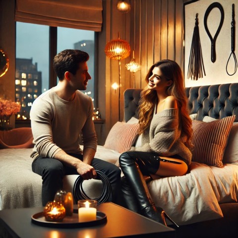 Couple exploring kinky power dynamics.
