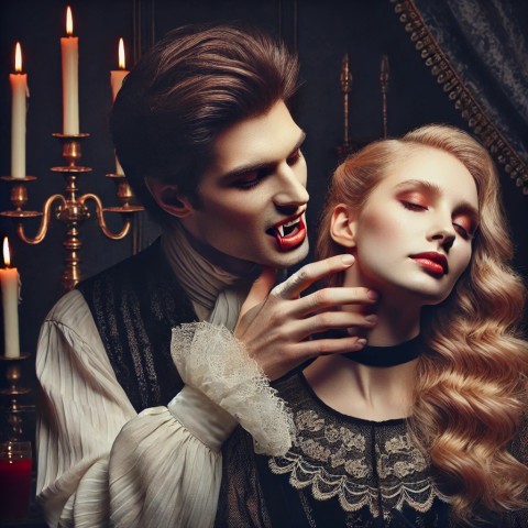 Vampire biting a partner’s neck seductively.