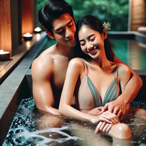 Couple embracing in sensual water setting.