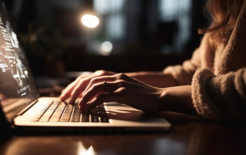 Woman typing email indoors, working on laptop, surfing the internet