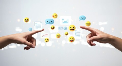 Escort-Ads.com Survey - Multiple hands pointing toward floating social media icons and emojis