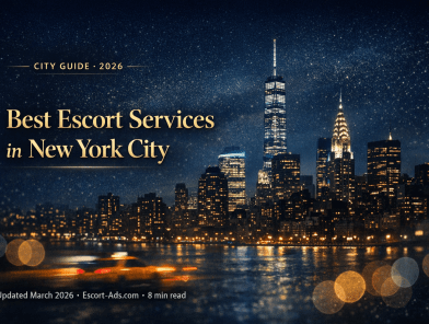 New York City skyline at night with text overlay "Best Escort Services in New York City" and "City Guide 2026" – representing premium escort services in Manhattan