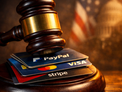 FTC warning letter cover art: A symbolic image showing a judge’s gavel resting on top of stacked credit cards from Visa, Mastercard, PayPal and Stripe, representing the government’s action against financial discrimination of legal adult businesses.
