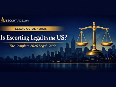 Is escorting legal in the US 2026 legal guide cover with scales of justice and city skyline