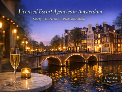 Elegant evening view of Amsterdam canal houses and illuminated bridge at dusk, with a champagne glass in the foreground and the text “Licensed Escort Agencies in Amsterdam – Safety, Discretion, Professionalism. 