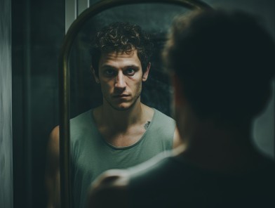 Man with psychopathy traits looking in mirror