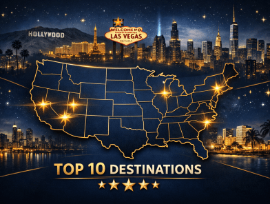 USA map with highlighted top cities and luxury skyline design in dark blue and gold