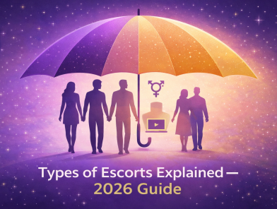 Types of escorts explained illustration showing female, male, trans, couple, and virtual options in a modern purple theme