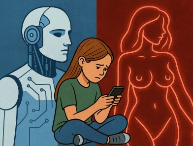 Split image showing AI influence vs. sexual content 