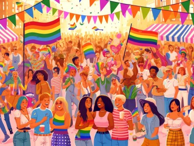 LGBTQ activists marching with rainbow flags.