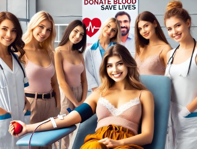 Escort girl donating blood at clinic