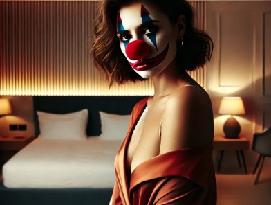 Clown makeup with exaggerated features.