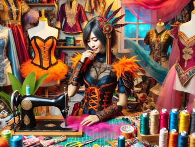 Cosplayer in detailed costume with accessories.