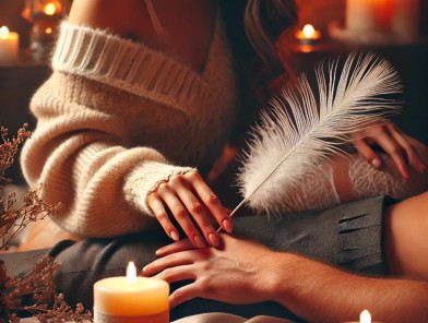 Hands using a feather for sensory play.