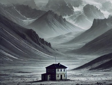 Small brothel shacks in icy mountains.