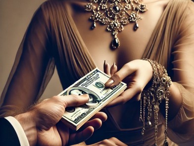 Woman holding cash, symbolizing Findom.