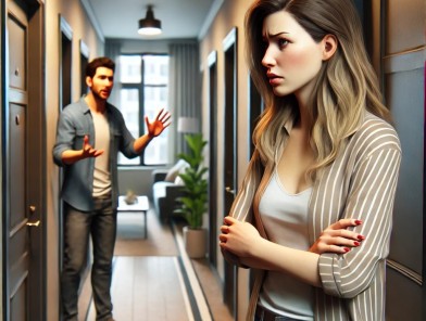 Escort discreetly welcoming a client at home.