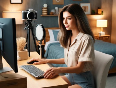 Webcam model setting up camera equipment