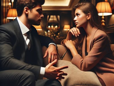 Escort and client sharing an intimate conversation.
