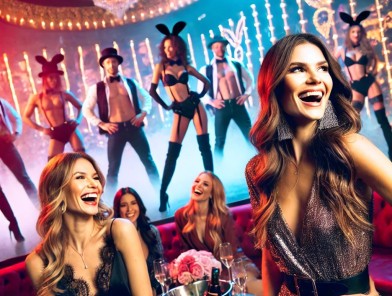 Women cheering as Chippendales dancers perform.