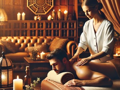 Hands massaging a body with warm oil.