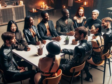 Kink community members socializing at a munch event.
