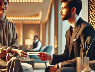 Escort welcoming client with professionalism.