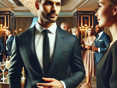 Escort with client at corporate event.