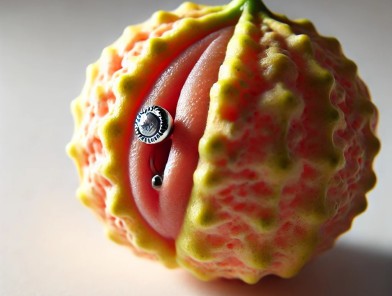 Close-up of sensual intimate piercings.