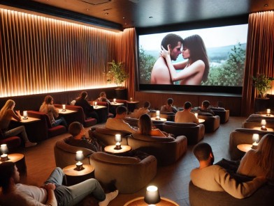 Erotic cinema screen with sensual film.