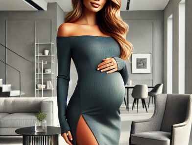 Pregnant escort in elegant attire.