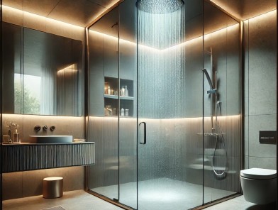 Sensual escort showering in steamy atmosphere.